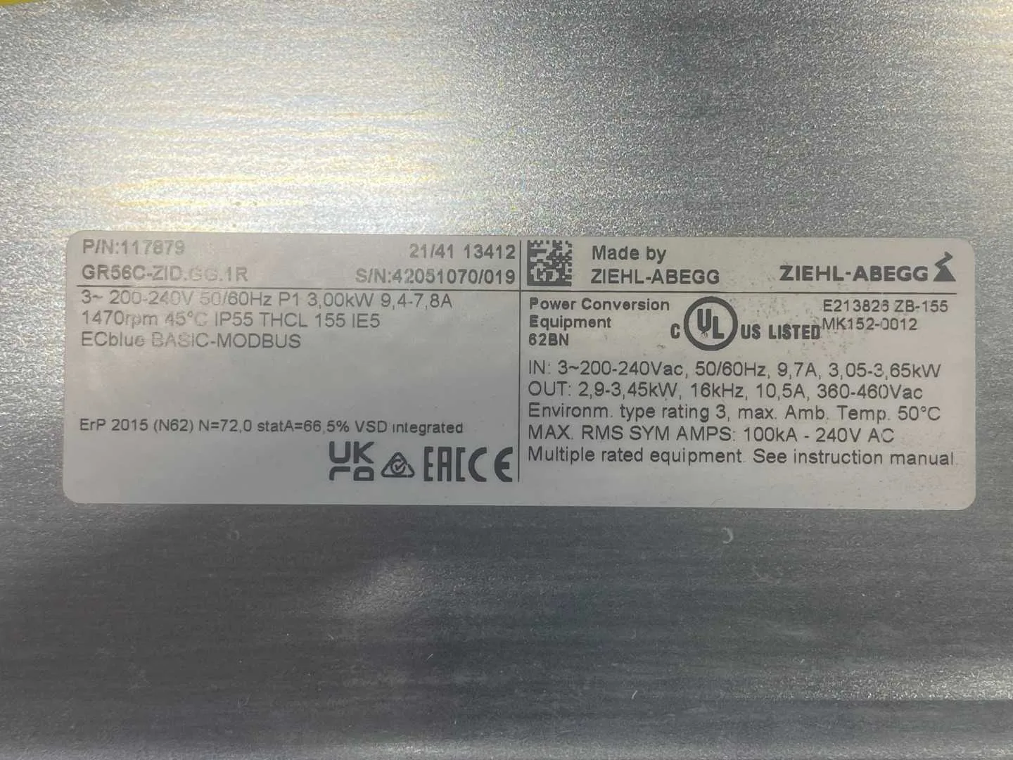 Ziehl-Abegg GR65C-ZID.GG.1R EC Blue Fan, 200-240VAC